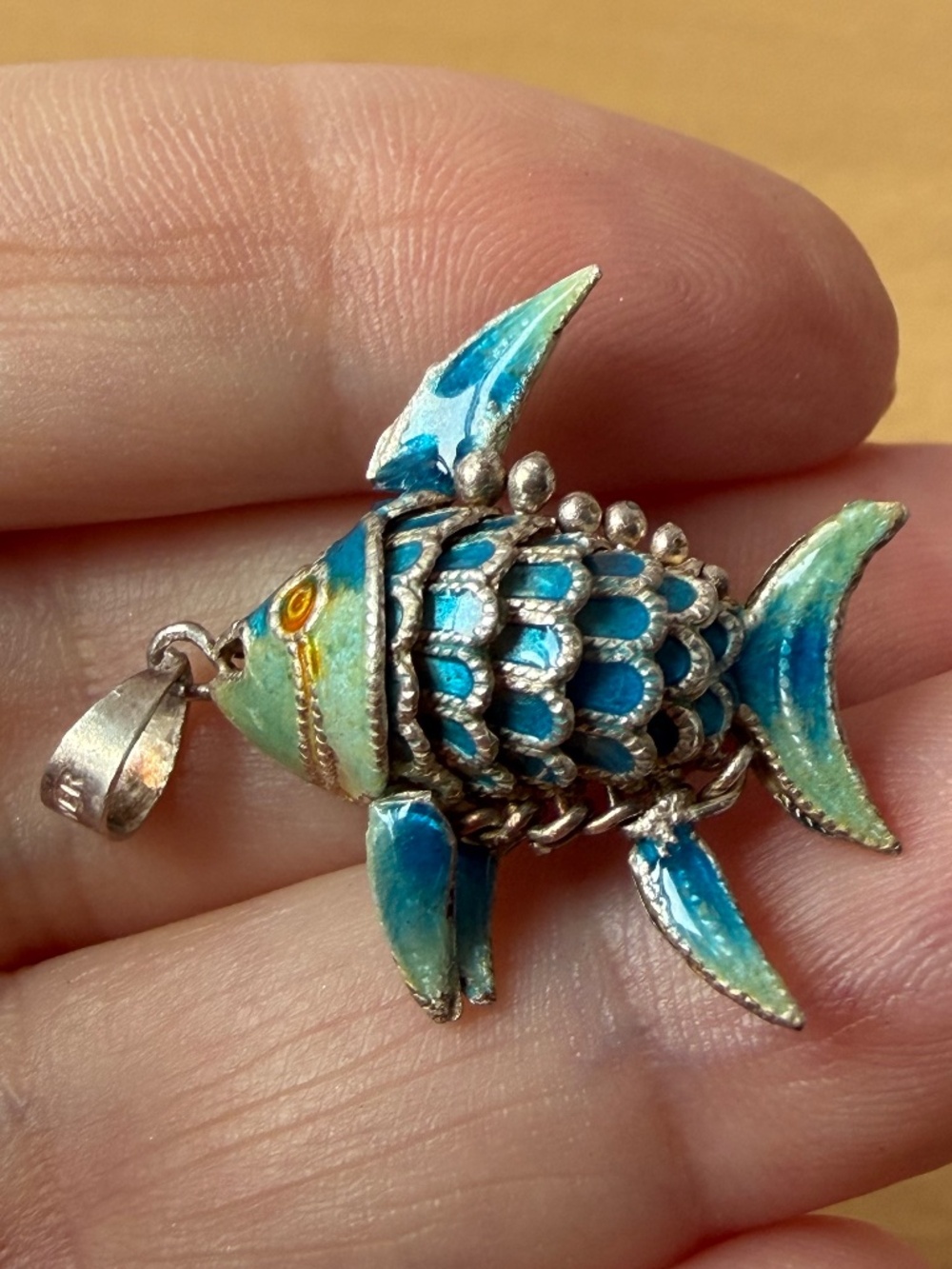 Vintage Chinese Export Articulated Koi Fish Pendant Cloisonne Enamel 925 Silver